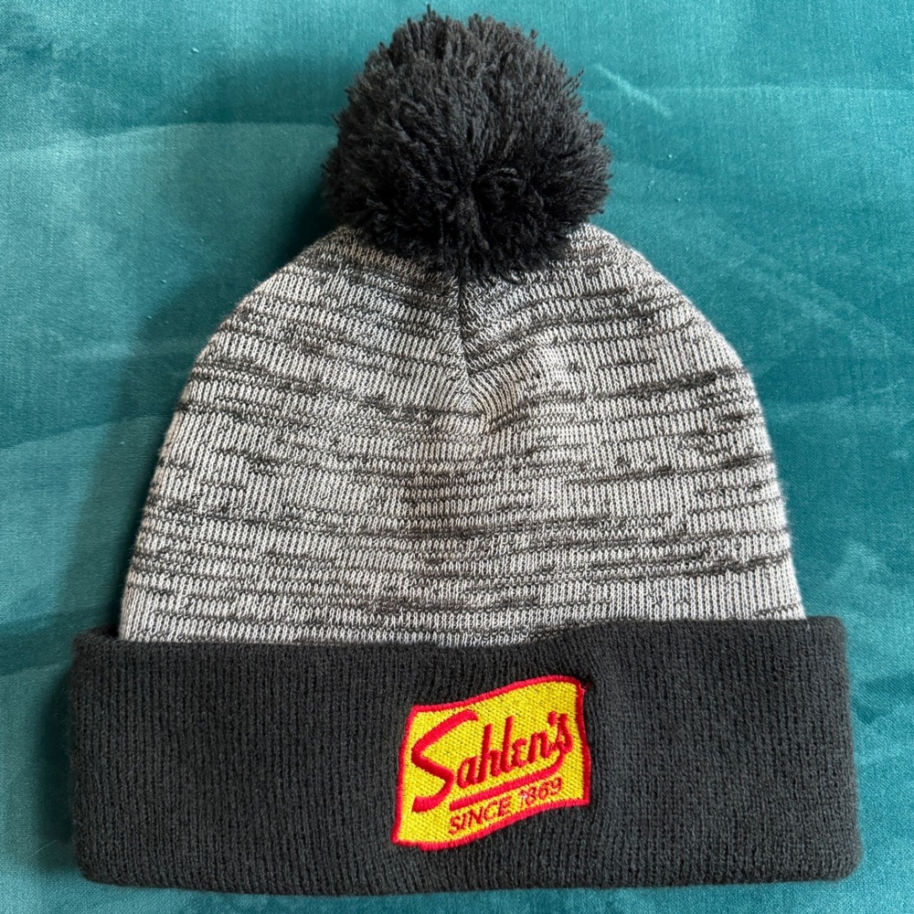 Sahlens Since 1869 Pom Pom Beanie Hat Black Grey Heathered Knit‎ Winter